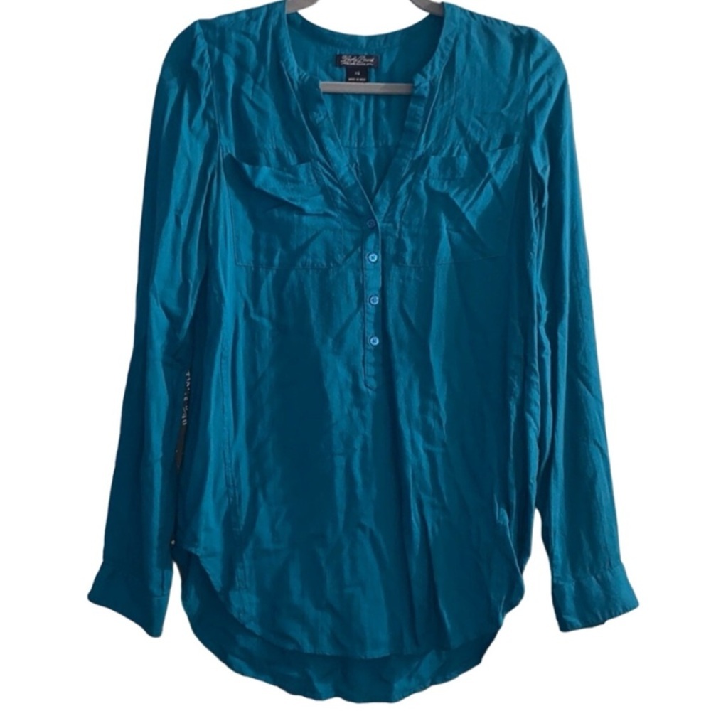 Lucky Brand Bohemian Blue Button Down Long Sleeve Pocket Blouse Sz XS 💙